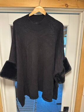 Alfani Poncho Sweater with Faux Fur Trim   3X in Black